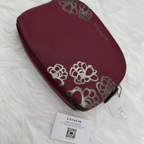 NWT Coach Burgundy Saffiano Leather Gold Flowers Dome Cosmetic Makeup Bag - Picture 3 of 9